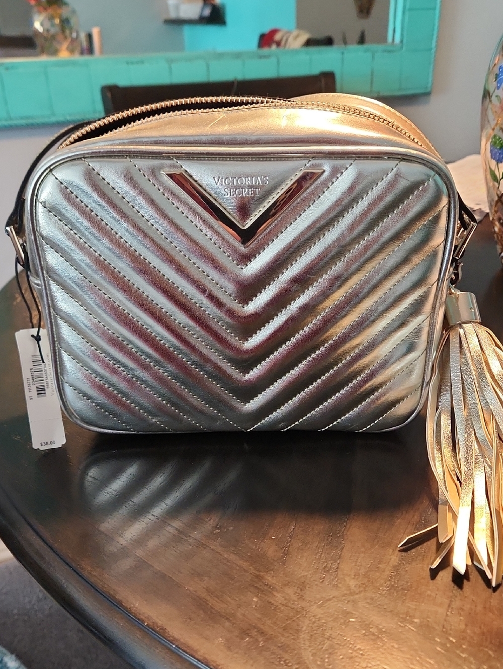 Victoria's Secret Metallic Soft Gold Quilted Crossbody Bag with Tassel
